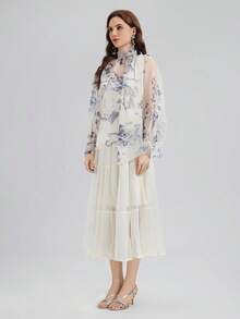 Rich Radi Q's Women's Semi-Sheer Printed High Neck Tie Blouse, Elegant And Fashionable, Suitable For Spring And Summer Wear - White - View 5