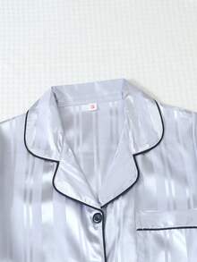 2pcs Satin Striped Bow Print Short Sleeve Pocket Lapel Top And Bow Shorts Women's Pajama Set Loungewear - Light Grey - View 3