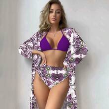 Conjunto de Baño 3 Piezas Estampado Tropical Flores y Piñas, Bikini Halter Negro Liso, Braguita Alta Cintura + Kimono Largo Estampado para Playa y Piscina - Amarillo - Ver 7