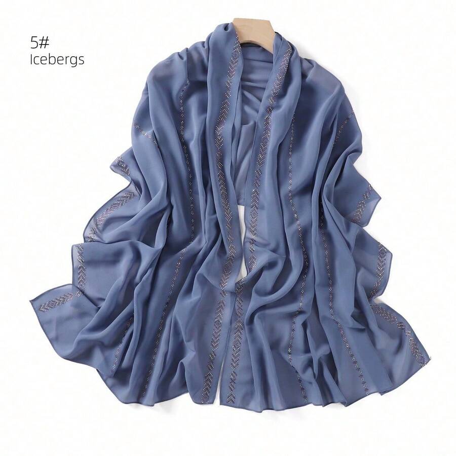 1 Piece Solid Color Rhinestone Chiffon Hijab, Elegant Faux Rhinestone Headscarf, Sunscreen Shawl For Women, Ideal For Dresses. - 杏色 - 查看 1