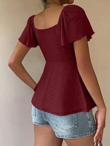 Women's T-Shirt, Modern And Elegant, New For Spring/Summer, Y2K Style, Solid Color, Jacquard, Comfortable And Breathable, With V-Neck, Adjustable Drawstring And Short Sleeves - 酒紅色 - 查看 4