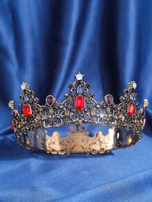 Luxury Colorful Crystal Baroque Tiara, Royal Queen Crown Wedding Hair Accessory - Red - View 2