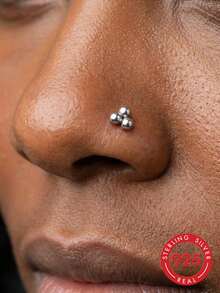 lunastudio 1pc Minimalist 925 Sterling Silver 3-Ball L-Bar Nose Stud, Suitable For Women's Daily Wear - Silver - View 1