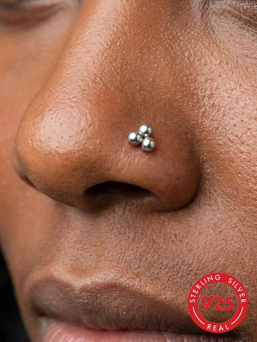 lunastudio 1pc Minimalist 925 Sterling Silver 3-Ball L-Bar Nose Stud, Suitable For Women's Daily Wear - Silver - View 1