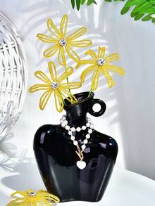 1PC Bright Yellow Beaded Artificial Flower With Rhinestones, Fashionable Faux Flower Branch, Holiday Bouquet Gift, Creative Handheld Bouquet, Suitable For Wedding Event Decor, Home Decoration, Vase Filler - Yellow - View 2