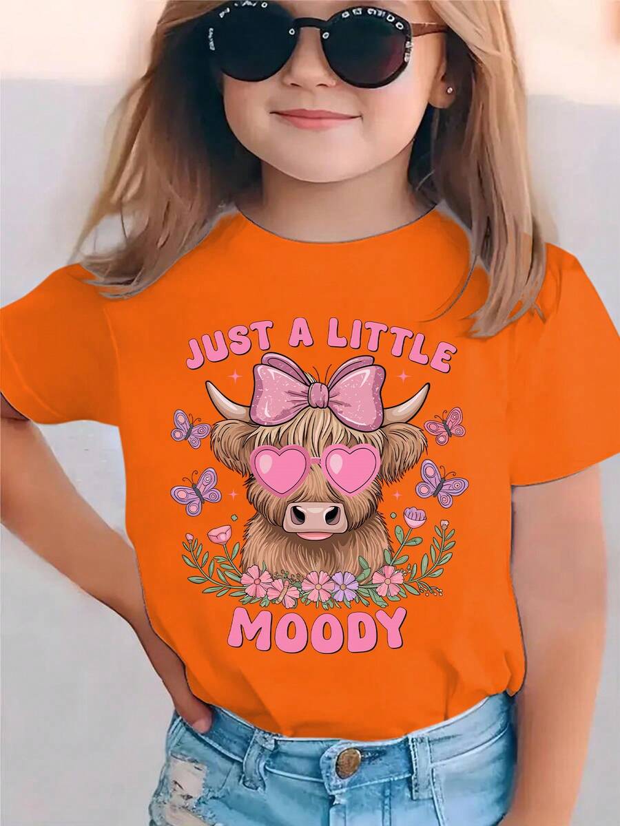 Girls' Short-Sleeved T-Shirt, Summer Style, With The Phrase "JUST A LITTLE MOODY", Pink Bow, Heart-Shaped Sunglasses And Cartoon Print With Flying Butterflies, - 粉色 - 查看 1