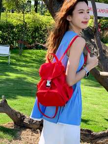New Design Red Mini Drawstring Backpack For Women. Lightweight, Korean-Style Casual And Stylish, Perfect For Relaxed Outfits. Cute And Sophisticated, Ideal For Commuting, School, Or Everyday Outings. Vivid Color, Eye-Catching Drawstring Bag. - Red - View 4
