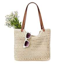 Women's Woven Tote Bag, Lightweight Crochet Beach Bag, Elegant Bohemian Handbag, Large Boho Summer Casual Shoulder Bag, Travel Bag With Zipper, For Vacation, Beach And - 卡其色 - 查看 2