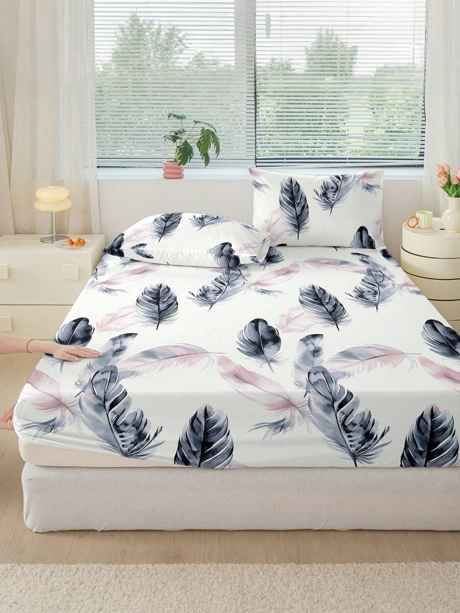 1pc Feather Print Bed Sheet, Bedding, Fitted Sheet, Mattress Cover, Soft And Comfortable Bedding For Bedroom Mattress Protector Fitted Bed Sheet Only, Machine Washable - Multicolor - View 1