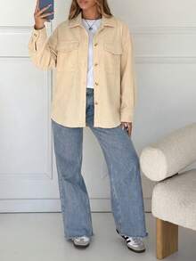 Women's Ribbed Corduroy Shacket With Pockets And Shirt Collar, Long Sleeve Regular Fit Woven Outerwear, Suitable For Autumn/Winter - Apricot - View 5