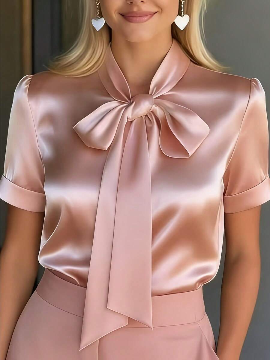 Plus Size - Plus Size - Plus Size Fashion For Women, Elegant Short Sleeve Top With Bow Neck And Temperament - 羅莎 - 查看 1