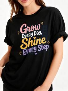 Women's Loose-Fitting, Casual, Crew Neck T-Shirt Made Of 100% Cotton, Featuring The Inspirational Quote "Grow Every Day, Shine With Each Day." - 黑色 - 查看 1