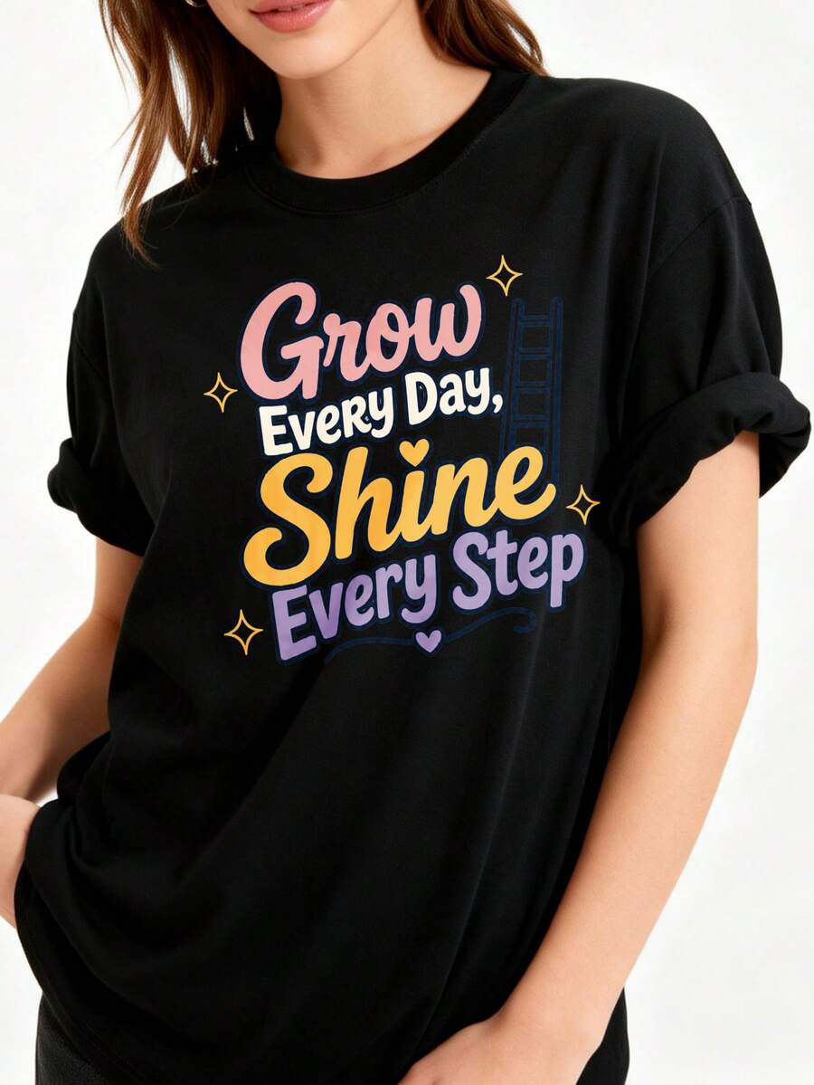 Women's Loose-Fitting, Casual, Crew Neck T-Shirt Made Of 100% Cotton, Featuring The Inspirational Quote "Grow Every Day, Shine With Each Day." - 黑色 - 查看 1
