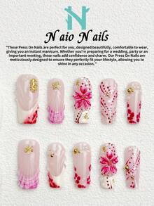 NAIO 10片/組手工穿戴式假指甲，3種尺寸：棺材型/杏仁型/短方型，Y2K浪漫風，粉色水墨暈染美甲，附3D花朵與貝殼設計，金色金屬箔裝飾，適合女性與女孩，日常使用與派對，送給女士的絕佳禮物 - 彩色 - 查看 17