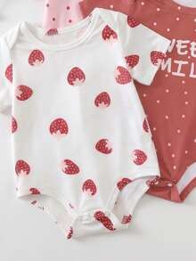 3pcs/Set Girls' Cute Strawberry Print Romper, Soft Knit Fabric, Button Design, Casual Vacation Style Girls' Clothing, Suitable For Outdoor Play, Party, Daily Casual Wear - Multicolor - View 4