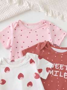 3pcs/Set Girls' Cute Strawberry Print Romper, Soft Knit Fabric, Button Design, Casual Vacation Style Girls' Clothing, Suitable For Outdoor Play, Party, Daily Casual Wear - Multicolor - View 5