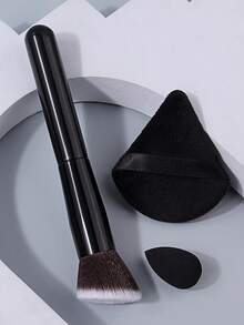 3pcs Makeup Tool Set With Large Powder Brush, Triangle Powder Puff, Mini Makeup Sponge, Black Wooden Handle, Full Set For Setting And Base Makeup, Multi-Functional Makeup Kit - Black - View 9