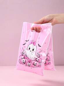 Halloween Pink Ghost Pumpkin Handheld Treat Bags, Cute Bow Goodie Gift Bags, Plastic Candy Sacks For Trick Or Treat Halloween Party Favor Supplies - Ghost Foundation - View 1