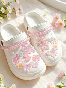 20pcs/Set Translucent Pink Holographic Bear Shoe Charms, Flower Pearl Chain DIY Detachable Accessories For Sandals, Beach Bags, Gifts - Pink - View 3