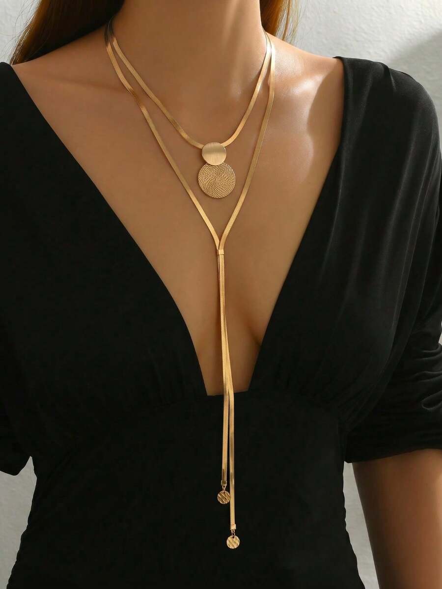 Minimalist Summer Necklace For Women, Double-Layer Y-Shaped, Personalized And Fashionable Snake Bone Chain, Asymmetrical Heart Pendant With Geometric Disc Texture, C - Fingerprint G - View 1
