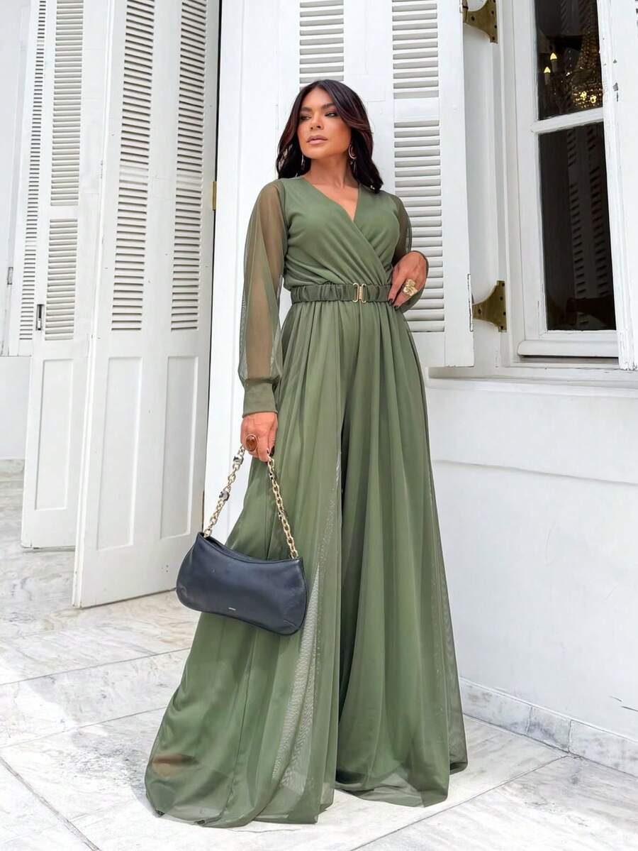 Women's Long Sleeve Jumpsuit, Semi-Transparent, Lined, Lightweight, V-Neck, Comfortable, Fresh, Casual, Elegant, Sizes M And L, Printed And Solid - 軍綠色 - 查看 1