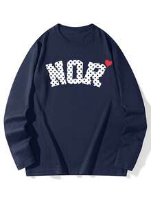 Y2K Women's Autumn/Winter New Arrival 1pc Personalized Polka Dot & Letter Print Pattern Casual Versatile Loose Long Sleeve T-Shirt Top - Dark Blue - View 6