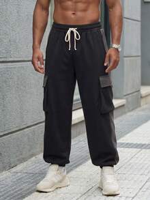 Men's Colorblock Patchwork Cargo Jogger Sweatpants With Drawstring Waist, Multi-Pockets, High Street Casual Sports Long Pants - Black - View 2