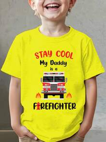 Summer Fashion Short Sleeve T-Shirt For Kids "STAY COOL My Daddy Is A FIREFIGHTER" With Fire Truck Cartoon Print, Casual Outdoor Top NY-DX9673 - 軍綠色 - 查看 1