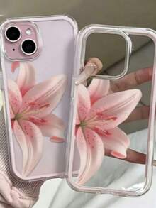 1pc Pink Lily Large Flower Pattern Personalized Pink Frame 2-In-1 Transparent Full Coverage TPU Shockproof Fashion Phone Case Compatible With IPhone 11 12 13 14 15 16 17 Pro Max/Plus A56/55/54/53/52/51 S26/25/24/23/22/21 Ultra Series Exquisite Gift (International Version Not Local Version) - Pink - View 3