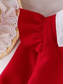 2pcs Setelan Blus Lengan Panjang 2 in 1 Gaya Preppy untuk Bayi Perempuan dengan Warna Kontras dan Aksen Pita, Dipadukan dengan Celana Jeans Lurus, Musim Gugur/Semi - Merah - View 5