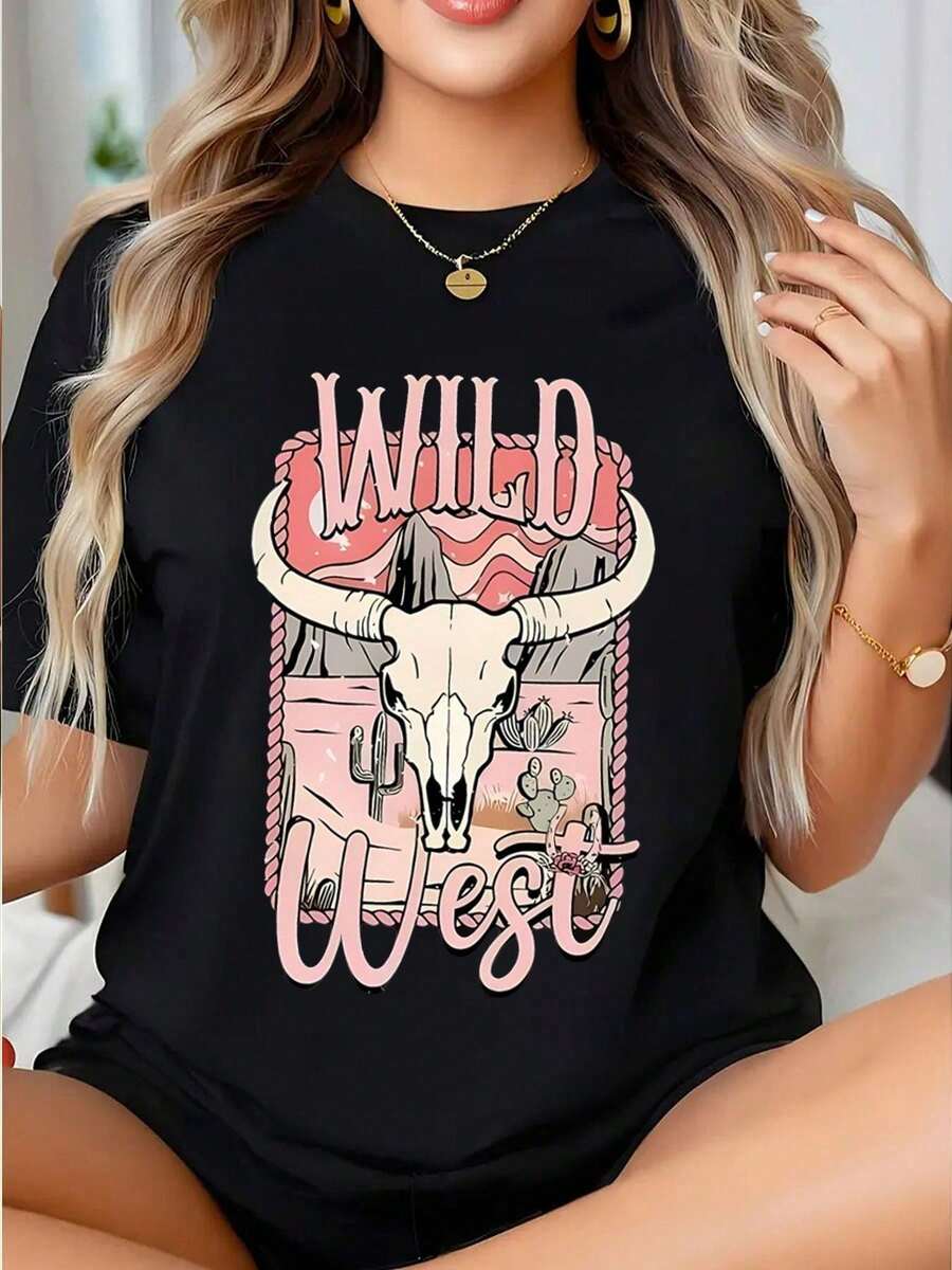 Women's Wild West Bull Skull Graphic T-Shirt, Western Casual Style, Desert Landscape Print, Short Sleeve, Casual Blouses For Ladies - 黑色 - 查看 1
