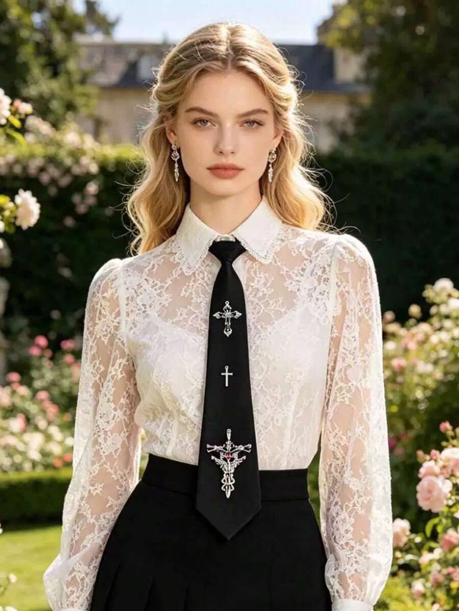 1pc Unisex Cross Metal Gothic Style Original Zipper Tie, Suitable For Festivals, Parties, Gifts, Music Festivals, Gifting - Black - View 1