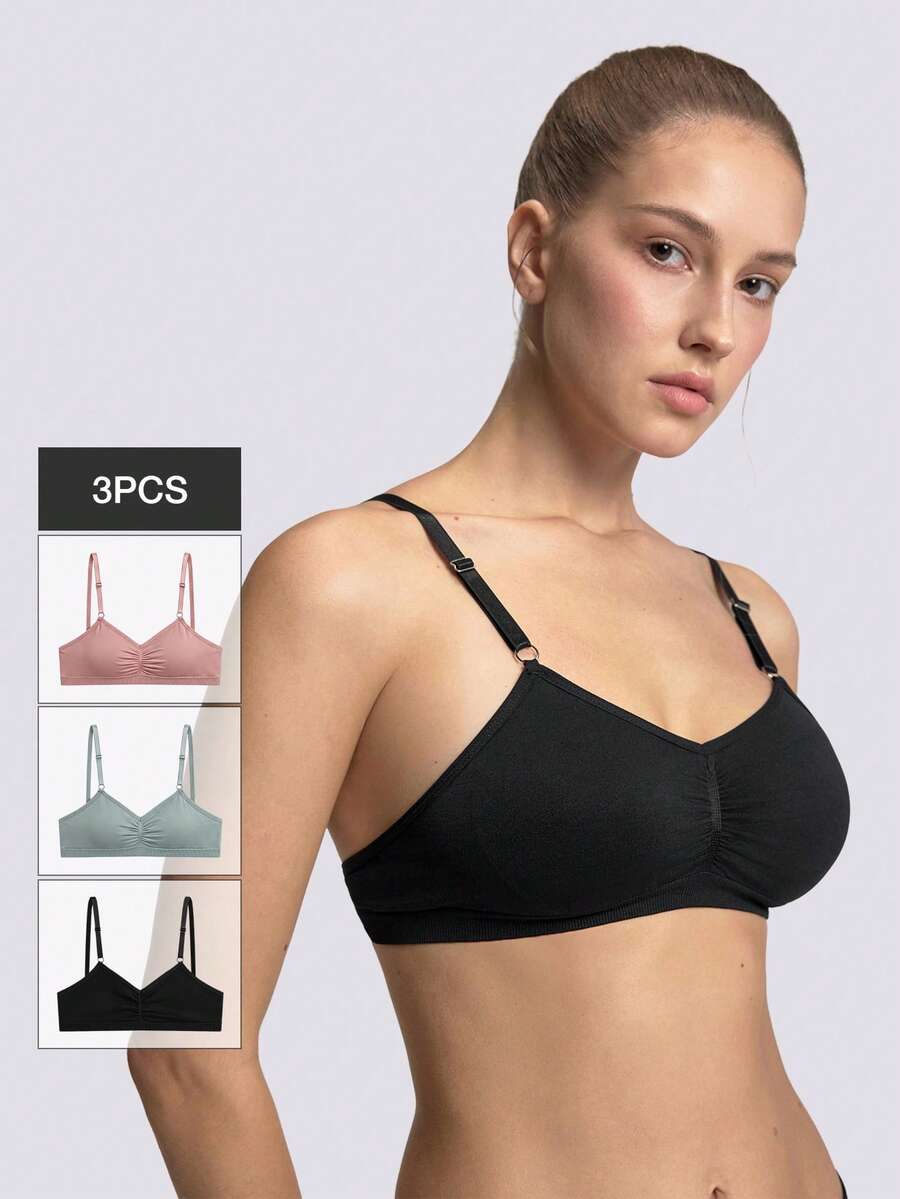 Loungeista 3pcs/Set Non-Wired Solid Color Pleated Camisole Bra Sets For Summer - Multicolor - View 1