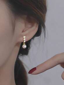 BALMORA 1 Pair High-End Elegant S925 Sterling Silver Pearl & Zirconia Shell Earrings, Women's Gift - Gold - View 6
