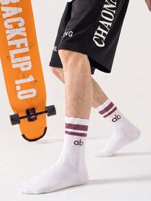 1/3 Pairs White Letter Mid-Calf Socks, Striped Cuff Knit Casual Street Style Mid-Calf Socks, Minimalist Yet Designed Overall Style, Suitable For Daily Commute, Casual Wear, Theme Parties, Holiday Gifts, Home Wear, Relaxed Style - Multicolor - View 4