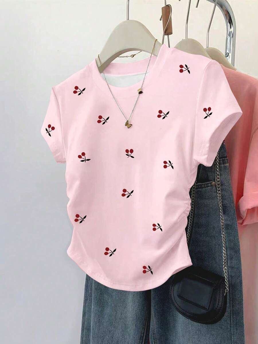 Resyla Versatile Short Sleeve Blouse With Gathered Waist, All-Over Cherry Print, For Summer - Rosa - View 1