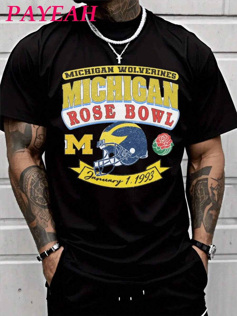PAYEAH 1999 Rose Bowl Michigan Wolverines Vintage Style Heavyweight Cotton T-Shirt (One Piece Only), 100% Cotton, 220g - 黑色 - 查看 1