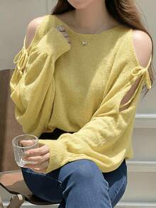 European Style Batwing Sleeve Sweater For Spring/Summer, Loose Top With V-Neck And Lantern Sleeves. - Lemon Yellow - View 4