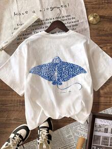 Women's Fishing Fish Print T-Shirt, Summer Clothes, Vacation Clothes, Beachwear, Casual Short Sleeve Crew Neck T-Shirt - 白色 - 查看 2
