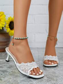 New Fashion White Open Toe Mesh Summer Kitten Heel Square Toe Sandals, Minimalist Versatile Women's Dress Sandals, Square Toe Elegant High Heel Slippers Sandals, Women's High Heels, Women's White High Heels - White - View 4