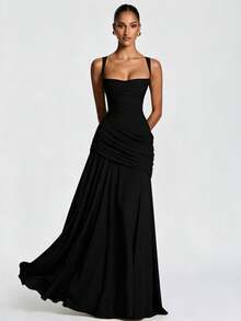 Elegant Women's Casual Party Dresses, Solid Color Strapless Sleeveless Fitted Waist Full Skirt European American Style Prom Dress - 黑色 - 查看 3