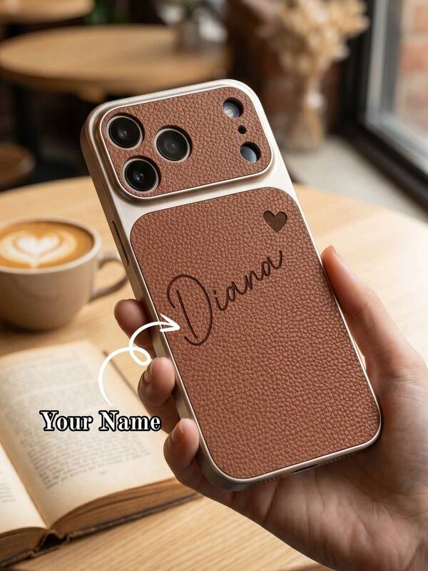 Luxury Personalized Custom Name Heart PU Leather Litchi Texture Phone Case, Compatible With IPhone 17 16 15 Pro Max, 3D Embossed Laser Engraved Letter Shockproof Protective Cover, Women's Style