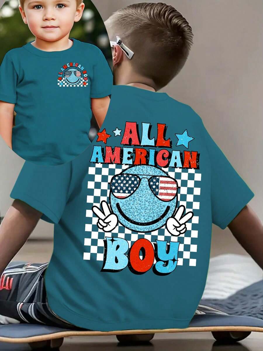 Fashionable Short-Sleeved T-Shirt For Boys 'American Independence Day' 'ALL AMERICA BOY' With Plaid Elements And Double-Sided Cartoon Print, Casual Outdoor Top - 藍色 - 查看 1
