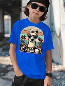 Boys' T-Shirt, Casual And Modern, Summer Fashion With Alpaca Print, Sunglasses And Palm Trees In Retro Sunset Style, For Children Aged 5 To 13 Years, No Problematic Prints, Gift - 灰色 - 查看 8