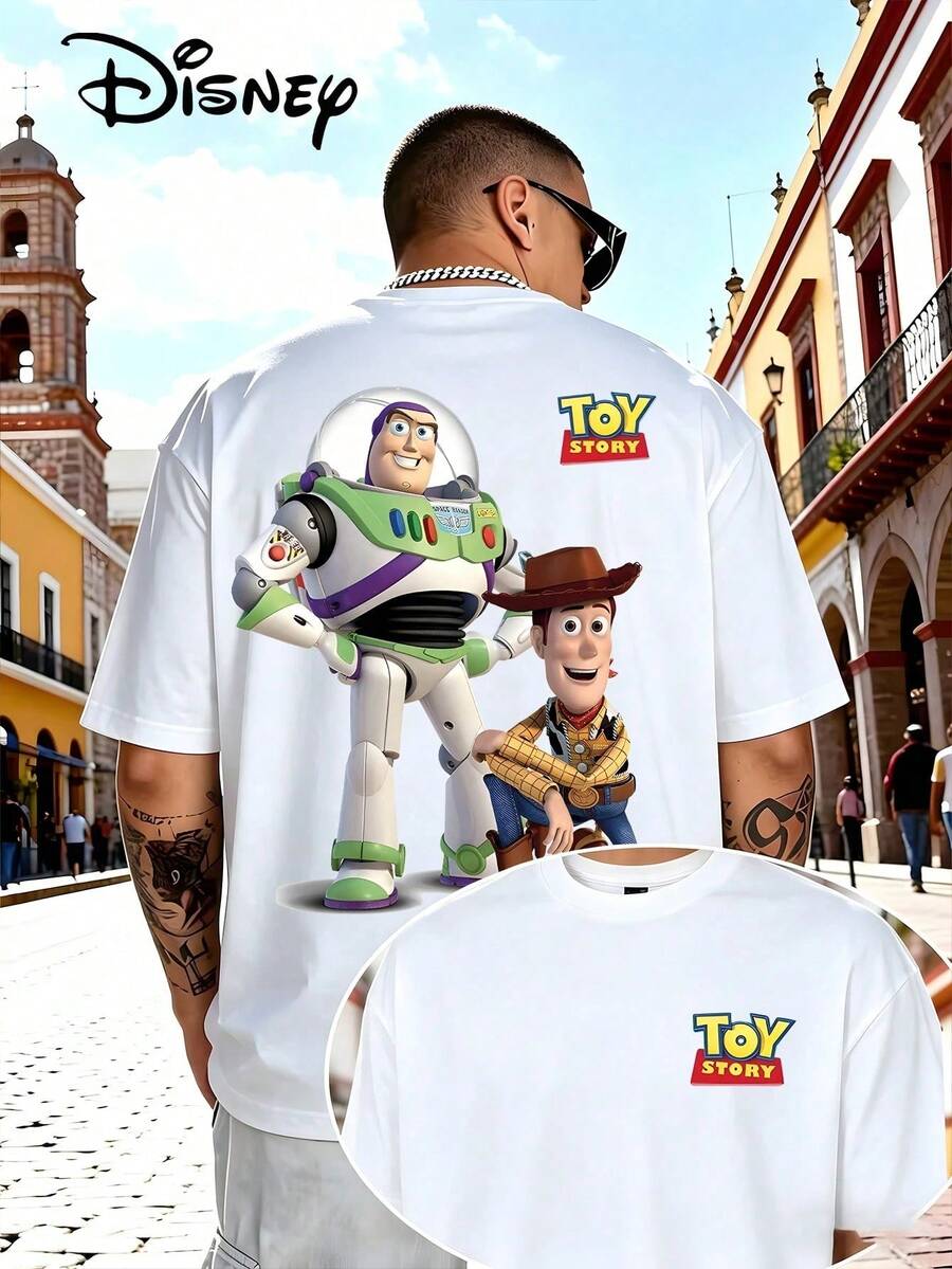 Disney Toy Story Buzz Woody Big Graphic Double Print Men White T-Shirt, Loose Crew Tee, Casual Versatile Top For Daily Commute & Trip - White - View 1