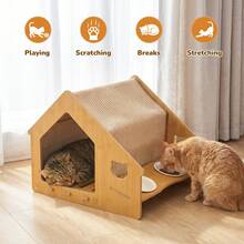 EZIFY Cat House Villa, Integrated Design With Food Bowl, Sturdy Load-Bearing, Floating Food Bowl, No Floor Space Occupied, Two-In-One Eating And Resting For Cats, Natural Wood Simple Style - 43*48*41cm - 查看 3