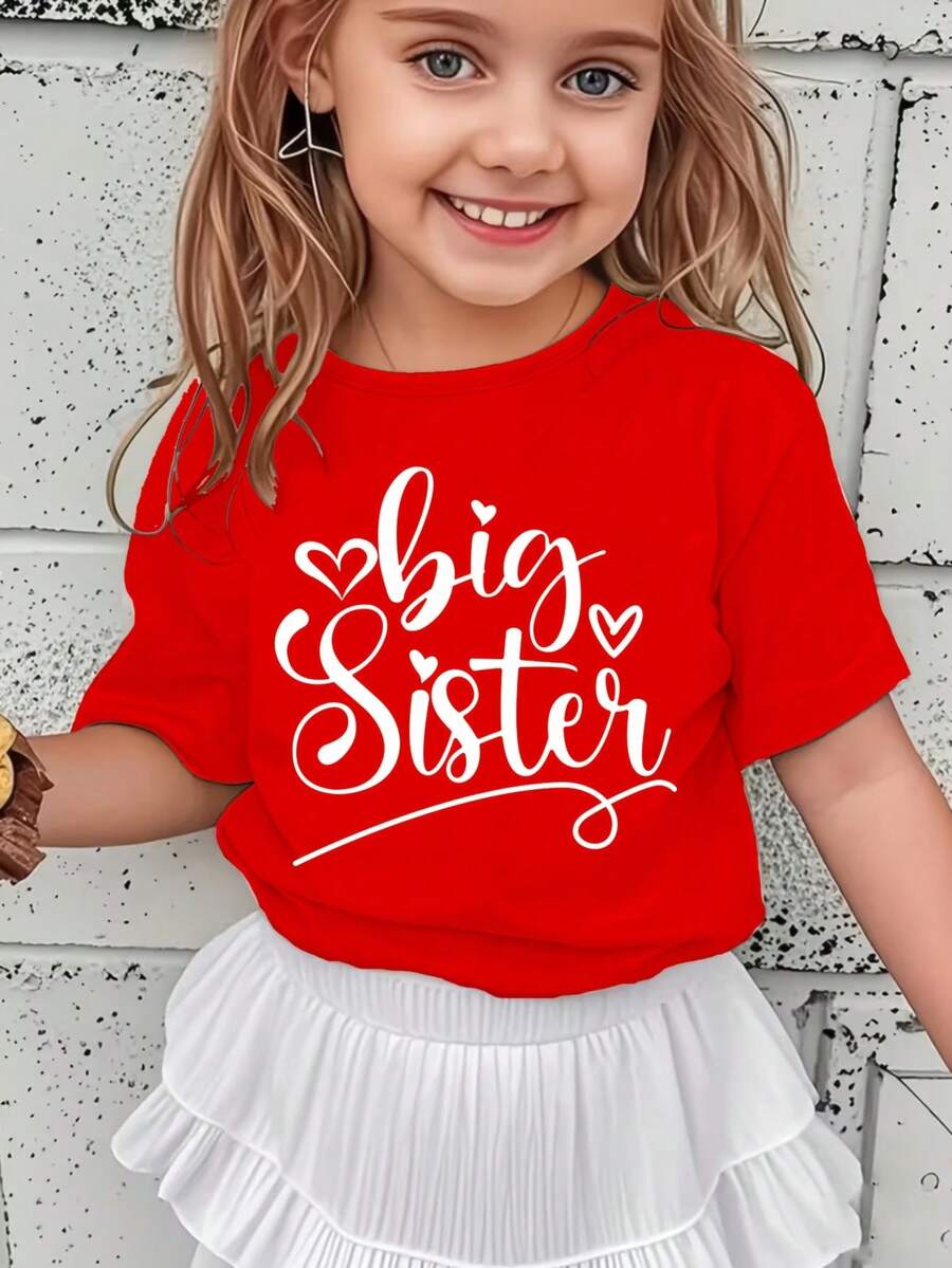 Simple, Comfortable And Sweet T-Shirt For Girls With A "Big Sister" Letter Print. - 紅色 - 查看 1