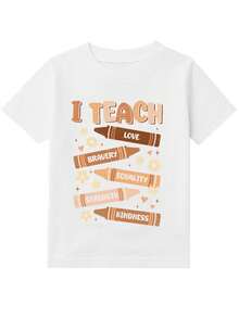 Boys' T-Shirt With Crayon Print And Phrases "I Teach Love Bravery Equality Strength Kindness" For Girls And Boys, Unisex, Short Sleeve - 白色 - 查看 3