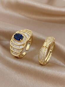 Conjunto de Anéis Empilháveis Banhados a Ouro 18K com Safira e Zircônia Pavê, Anel Aberto Ajustável Resistente ao Desbotamento, Joias Elegantes Femininas, Adequado para Uso Diário, Casamento e Ocasiões de Festa - Multicolor E - Visão 3