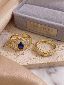 Conjunto de Anéis Empilháveis Banhados a Ouro 18K com Safira e Zircônia Pavê, Anel Aberto Ajustável Resistente ao Desbotamento, Joias Elegantes Femininas, Adequado para Uso Diário, Casamento e Ocasiões de Festa - Multicolor E - Visão 4